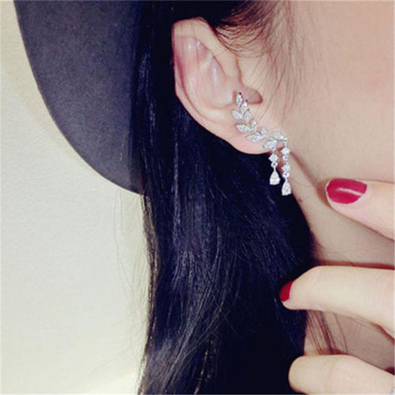 Women Gold Silver  Zircon Leaves Tassel Ear Stud Earrings Jewelry