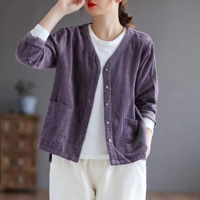 Corduroy Tooling Jacket Women's Short Casual Jacket Early Autumn Was Thin V-neck Fleece Top