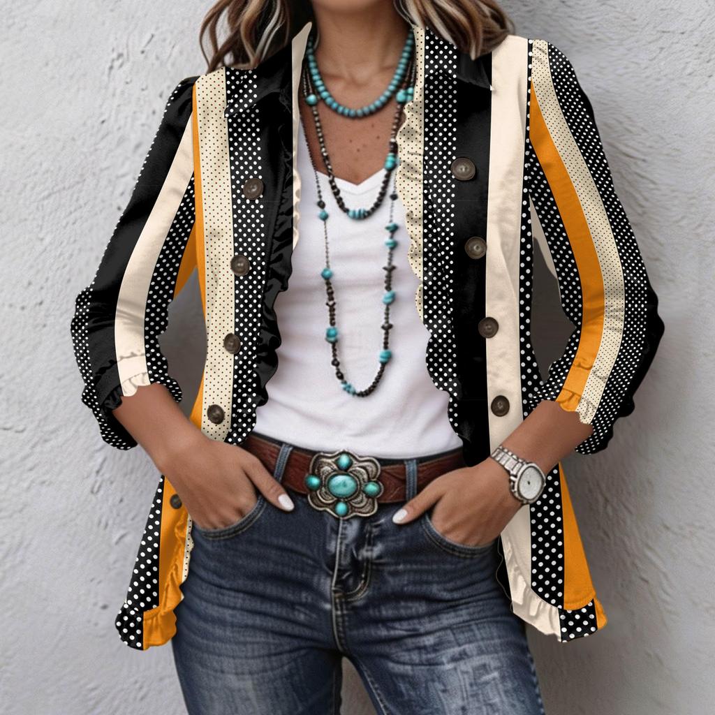 Women's Striped Print Long Sleeve Ruffle Button Front Shirt Jacket for Casual Wear