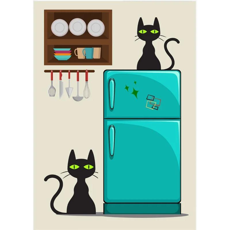 

Винтажный холодильник с черным котом, ретро, середина века, настенное искусство, постер, французский кофейный арт-принт, постер, картина на холсте, декор для кухни 21cm×30cm NoFrame