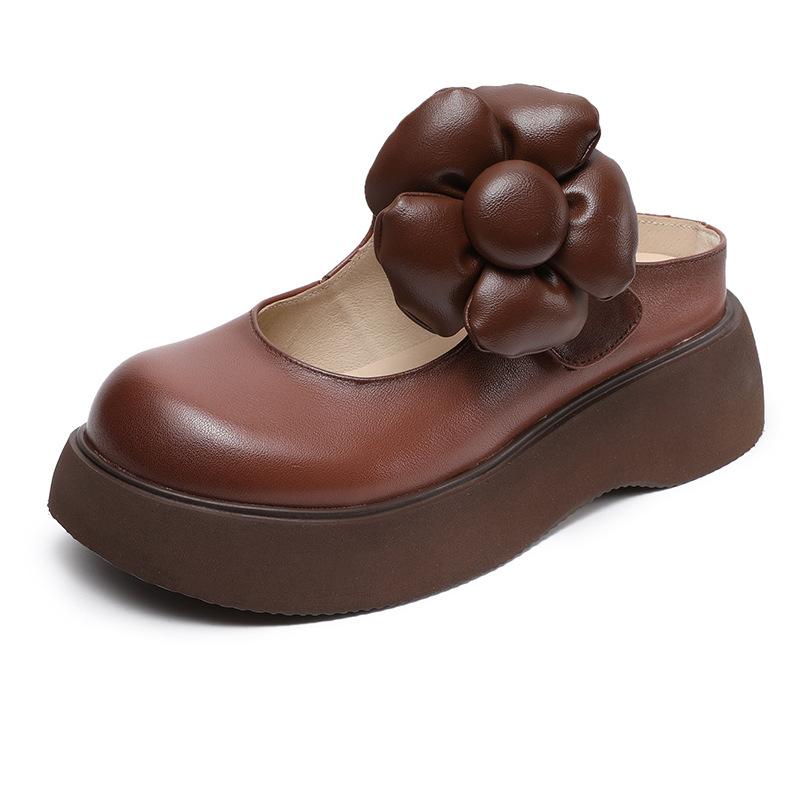 

Detachable Flower Head Genuine Leather Thick Heel Slippers Women Summer New Style Platform Sandals Comfortable Slip-On Shoes 40 коричневый