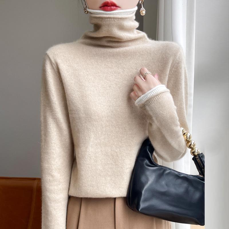 Women's Stylish Color Block Turtleneck Sweater, Fake Two-Piece Long Sleeve Knit Warm Base Layer Top