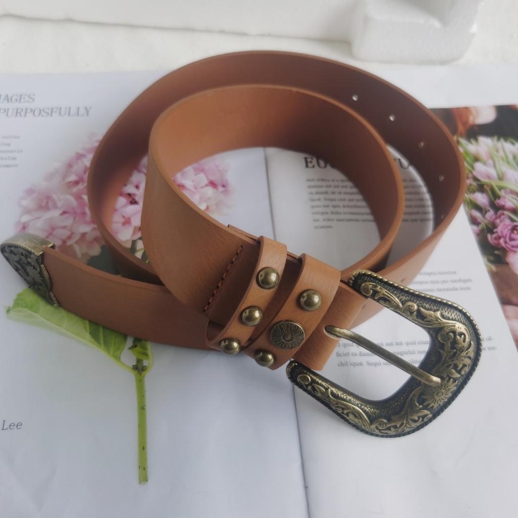 American Style Women's Extra Wide Retro Carved Three-piece Set Versatile European and American Belt Western Buckle Belt