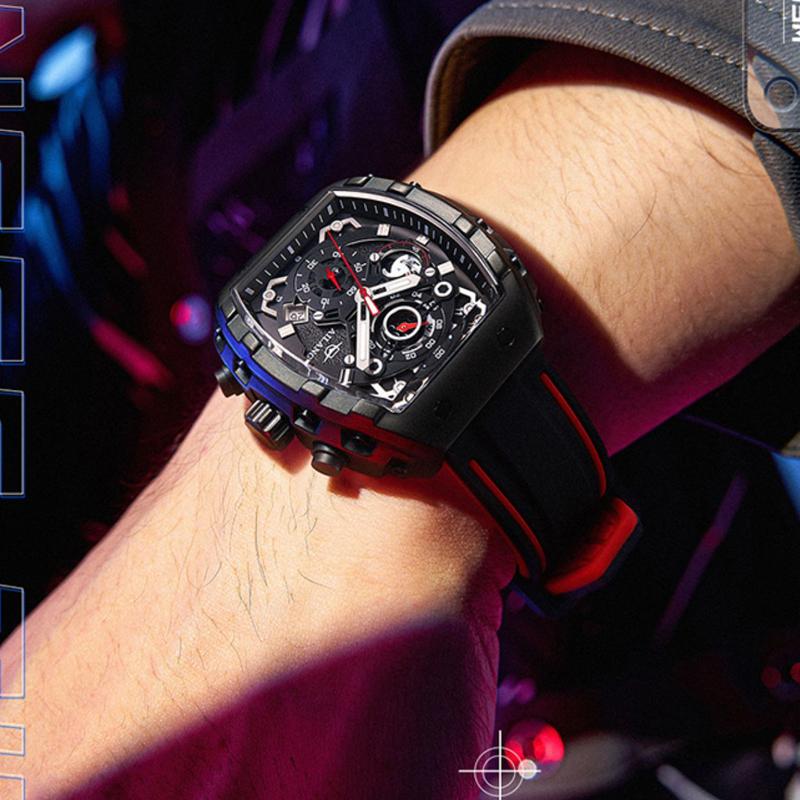 AILANG Men Watches Luxury Trend Tonneau Case Quartz Clock Luminous Chronograph Waterproof Rubber Strap Mens Reloj Hombre
