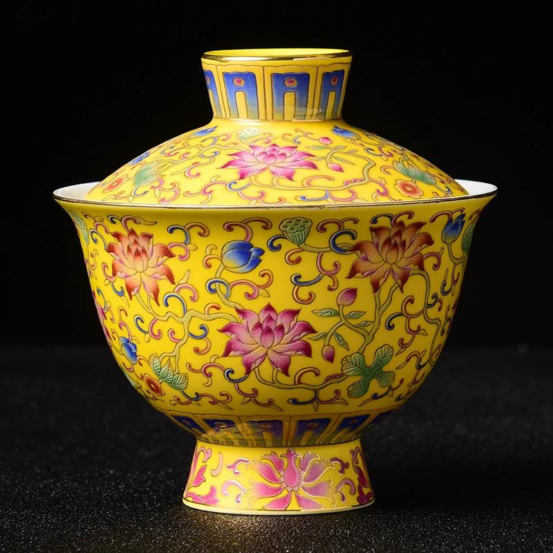 

Jingdezhen Enamel Ceramic Gaiwan Teacup Handmade Flower Pattern Tea Bowl Chinese Porcelain Teaware Accessories Drinkware