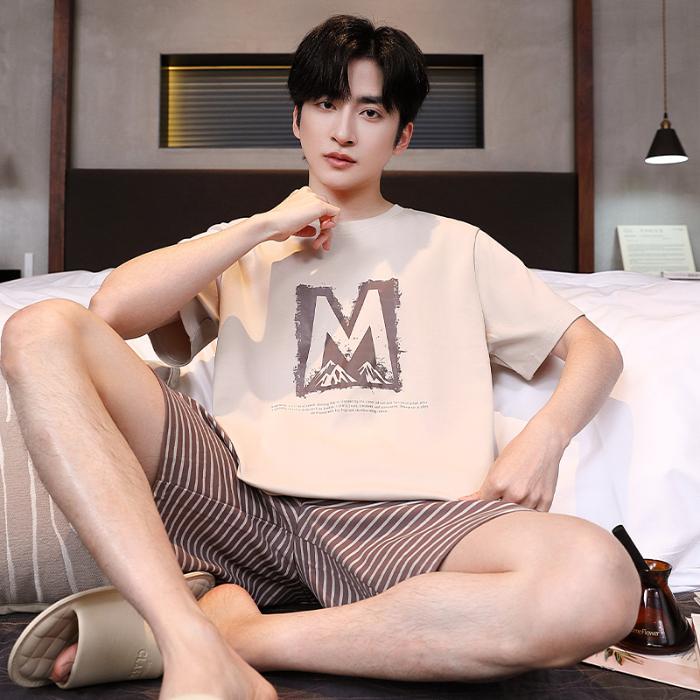 Herren Pyjama Kurzarm Oberteile Shorts Cartoon Nachtwäsche Loungewear Studenten Zweiteiler Gestreift Uni Jugend Nachtwäsche Homewear