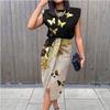 QICED Damen Frühling Sommer Sexy Print Ärmelloses Spitzen Plissee Kleid