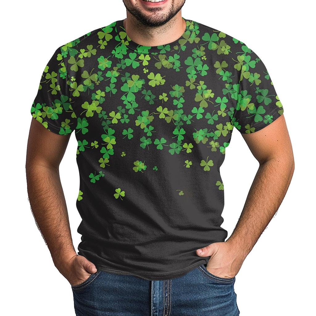 St. Patrick's Adult Green Crew-neck Short-sleeved Printed Green Three-leaf T-shirt