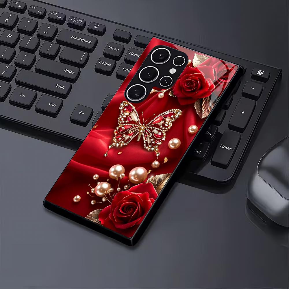 Butterfly Rose Black Glass Phone Case Suitable for Samsung Galaxy S26 S25 S24 S23 S22 S20 FE/Ultra/Plus Anti Drop Back Cover