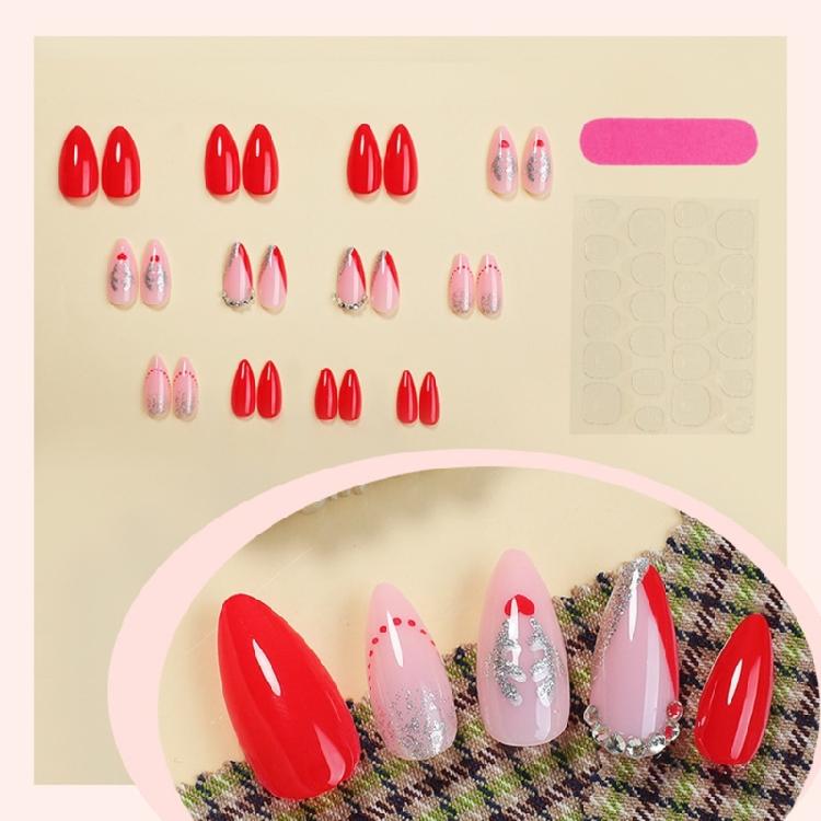 24 Pcs Lovely Elk False Nail Almond Press On Nail Christmas Full Cover Stick On Nail Manicures Supplies for Winter