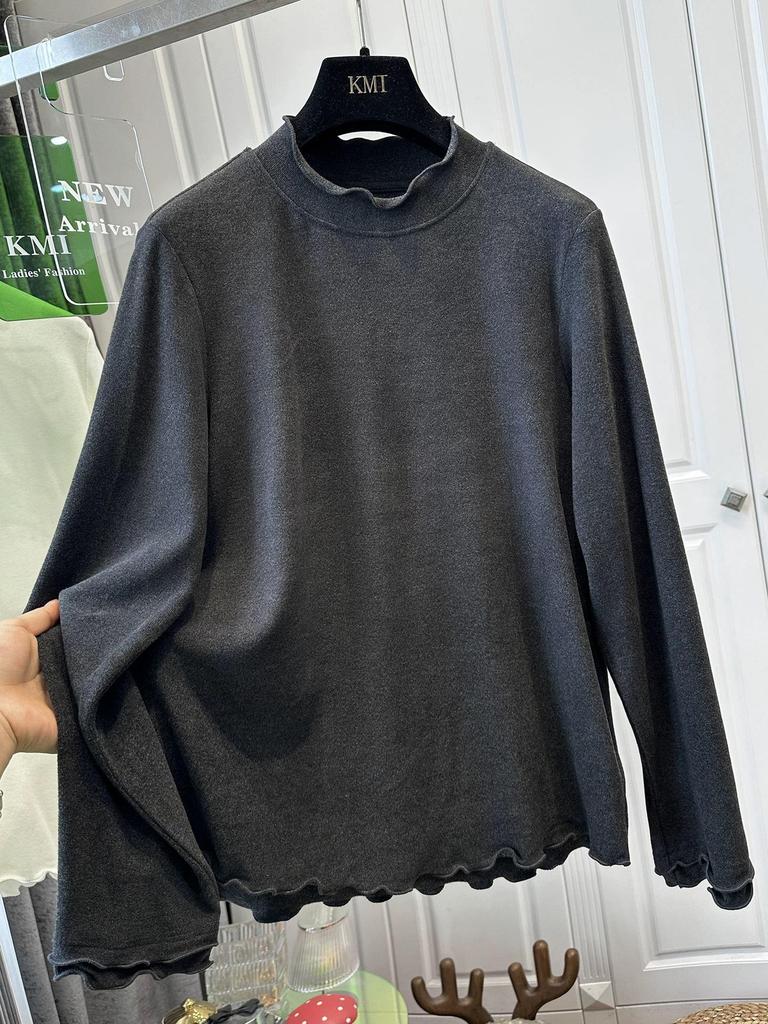 Women's Solid Color Extra-Large Long-Sleeve T-Shirt with Scalloped Edges - Autumn/Winter 2026 Collection