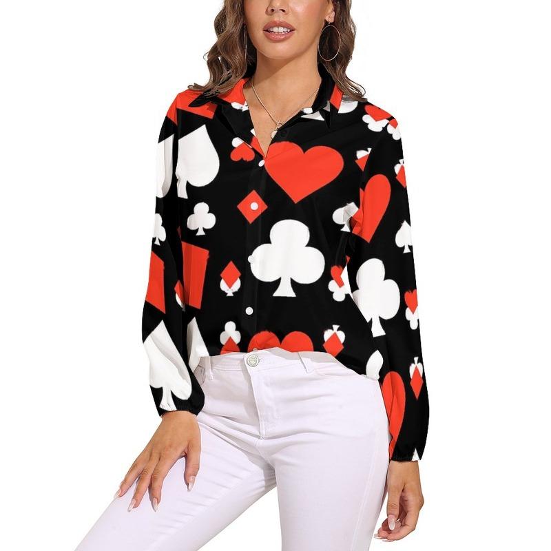 Poker Cards Print Blouse Female Card Suits Casual Loose Blouses Long-Sleeve Modern Shirt Printed Clothing Large