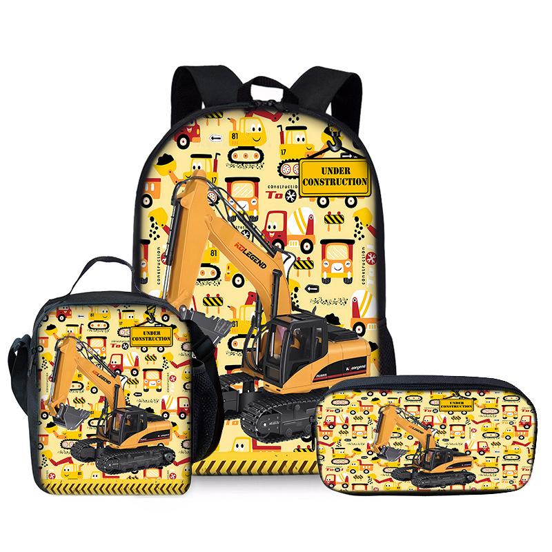 Klassiek Populair Grappig Graafmachine 3D Print 3 stuks/Set leerling Schooltassen Laptop Dagrugzak Rugzak Crossbody Lunchtas Etui