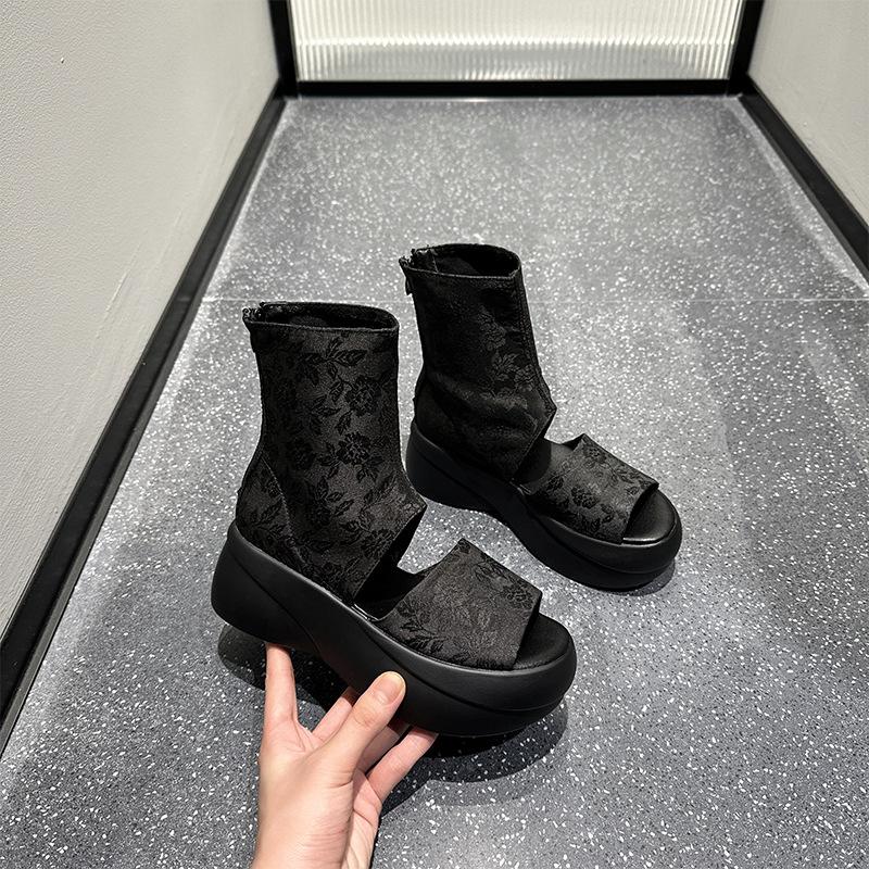 Мода 6см НОВА Мода Жіночі Літні Блискавка Відкритий Носок Мері Джейн Ботильйони на Платформі Клиновидні Лофери Взуття Еластична Тканина Тканина Шовкові Сандалі