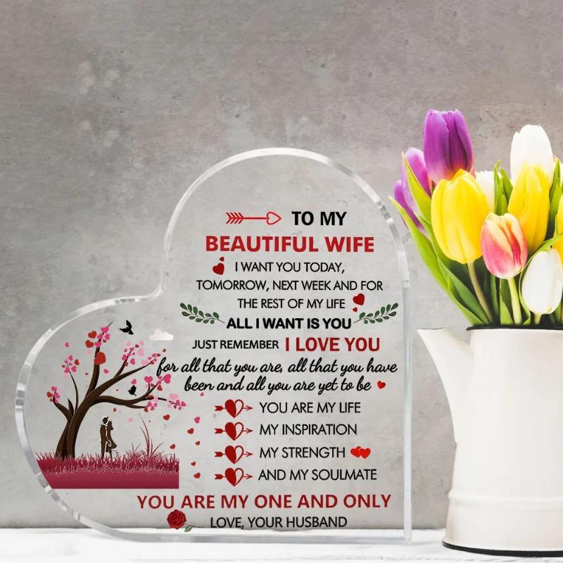 2D Flat Wife Gifts Acrylic Heart Keepsake Desktop Decorative Plaque, Home Decor Plaque Hanging Wall Art Decorative Garden Decoration for Room Door Sig