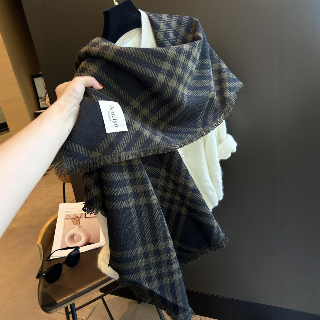 Women's New Winter Wool Scarf British Style Twill Plaid Shawl Versatile Warm Scarf