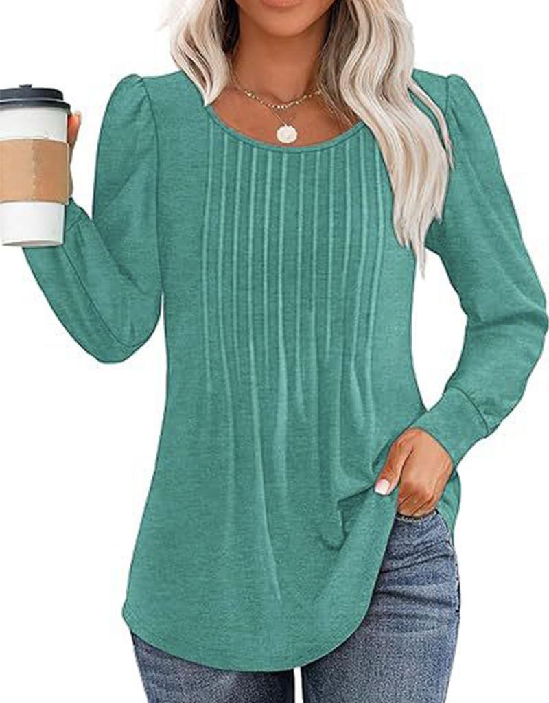 Women Long Sleeve Ribbed Knit Top Crew Neck Puff Shoulder Casual Loose Fall Blouse Shirt