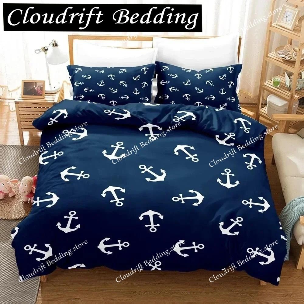 Anchor Duvet Cover Set,Nautical Classic Colors And Anchors Simplistic Design Sailor Ship Polyester Fashion Bedding Set