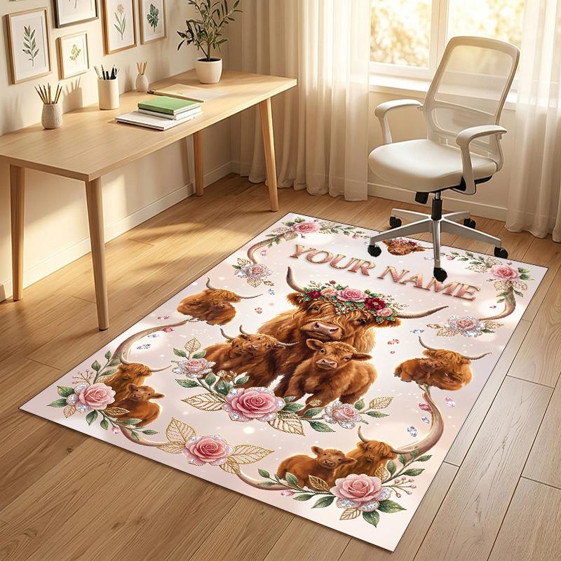 Cow Highland Theme Crystal Velvet Rug Personalized Custom Name Text Soft Floor Mat Home Decor