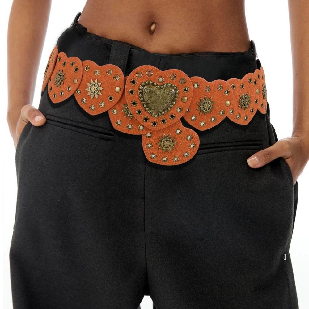 Y2k Cowgirl Waist Belt Wide Side PU Leather Waistbands Love Heart Patchwork Waist  Jeans Decor