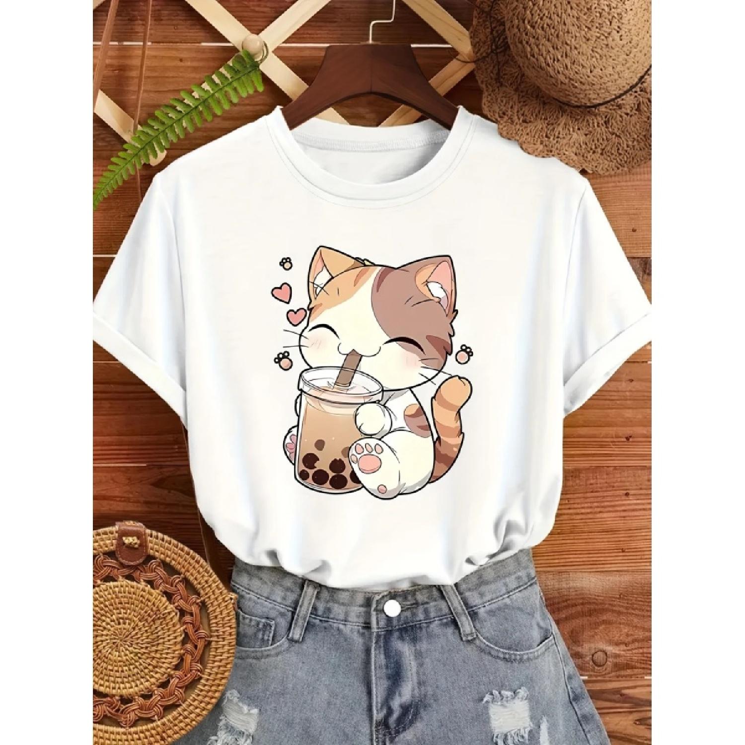 

Cute Cat Holding a Milk Tea Drink Small Heart Print T-shirt Fresh Stylish Women Casual Round Neck Short Sleeve XXXXXL