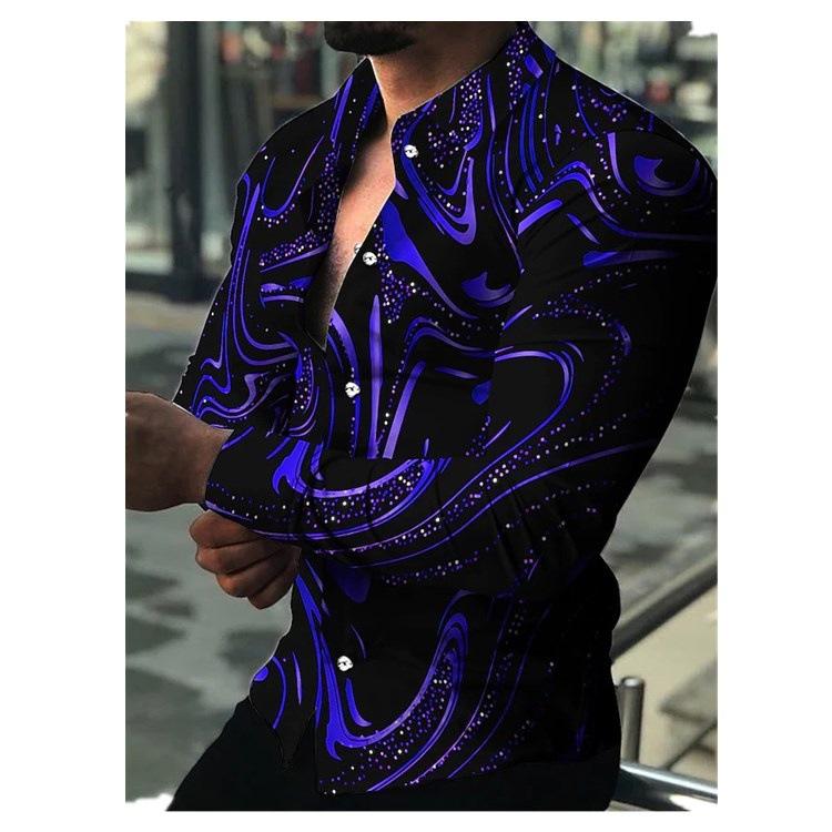 

5XL повседневный кардиган, топы на пуговицах, мужская праздничная модная рубашка с длинным рукавом с принтом, большие размеры XXL синий