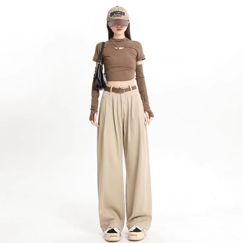 

Женские джинсы цвета хаки с высокой посадкой и широкими штанинами - Мода весна 2025, Трендовые брюки прямого кроя в пол 2XL 129-143 lbs