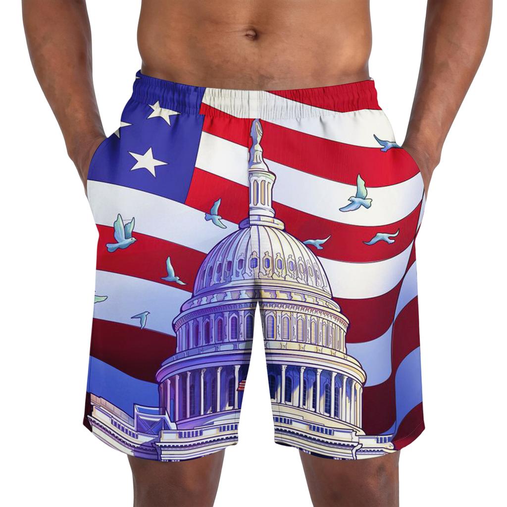 Lichte Ademende Sportshorts voor Mannen met Onafhankelijkheidsdag Print Elastische Taille Casual Losse Pasvorm Sportshorts