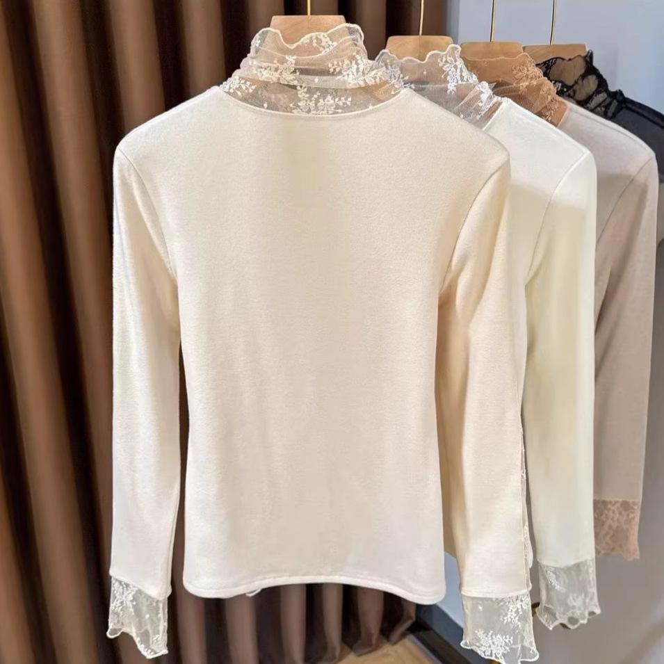 Damen Hochhals Spitzen-Patchwork Lagen-Langarm-T-Shirt für den frühen Herbst