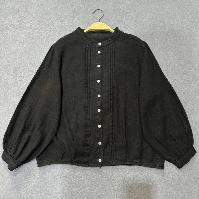 Johnature Spring Long Sleeved Shirt Women Japanese Literary Wrangled Stand Up Collar Versatile Tops