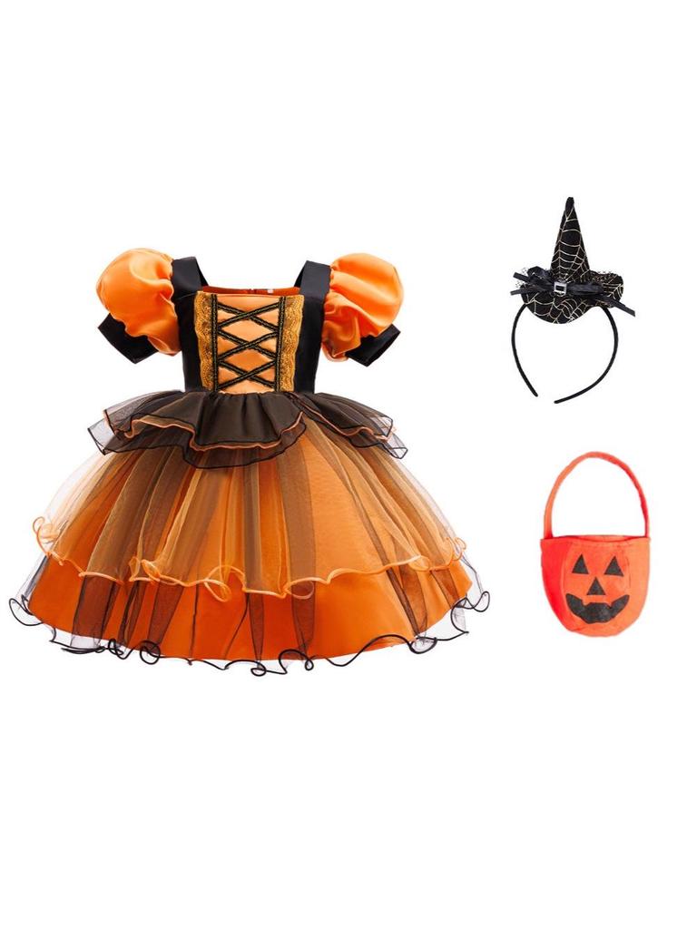 Rochie de Vrăjitoare de Halloween pentru Fete cu Fustă Portocalie din Plasă Tip Tufă