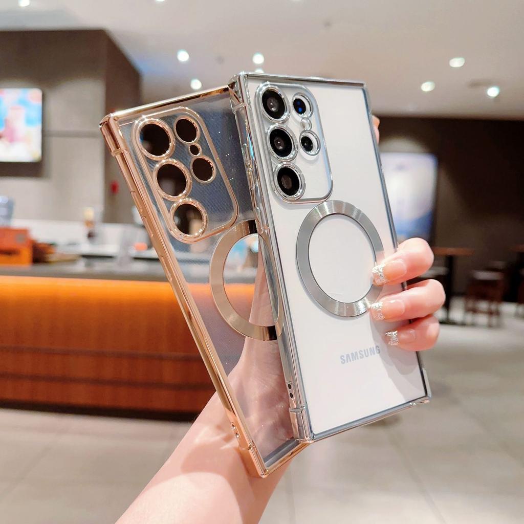 Electroplated transparent magnetic mobile phone case Samsung S23U mobile phone case S24U/S23FE fashion female S21