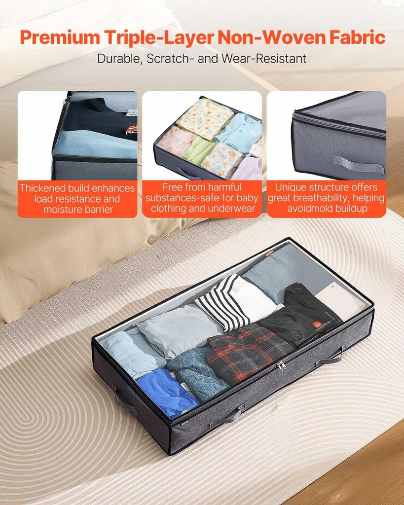 Under Bed Storage with Clear Lids, 996 X 500 X 180 Mm, 90L Large Underbed Clothes Storage Containers, Low Profile Under Bed Drawer Shoe Organizer Bins