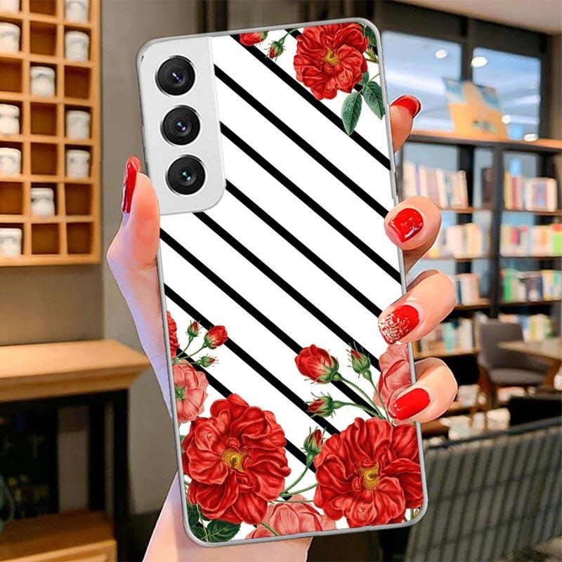 

Black White Stripes Flower Cover Phone Case For Samsung Galaxy S26 S25 Edge S24 Ultra S23 S22 Plus S21 S20 FE Soft Fundas Shell Samsung S21