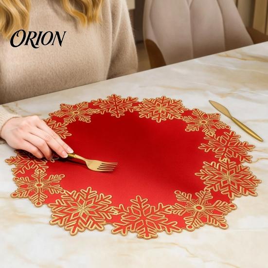 Durable Polyester Placemats Christmas Embroidered Placemat, Red And Gold Snowflake Table Coasters Mat, Heat Resistant Decorative Mat for Party Banquet