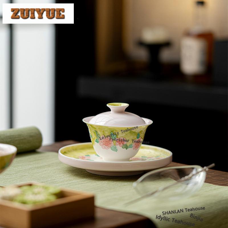130ml Hand-painted Camellia Gaiwan Creative Tea Tureen Tea Bowl With Lid Kit Tea Brewing Cover Bowl Chinese Tea Set Decoration