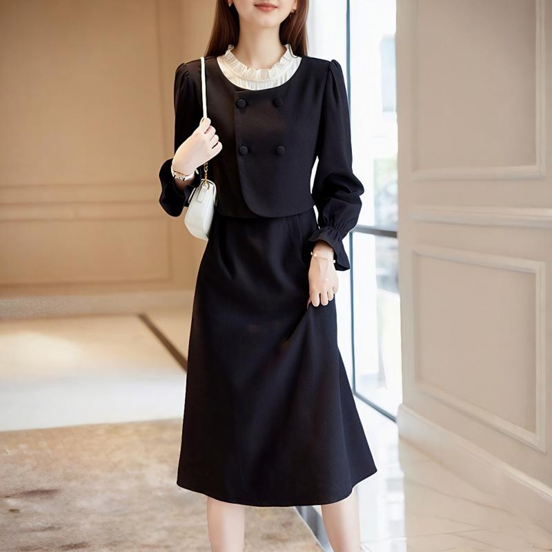 

Autumn New Fake Two-piece Design Lace Collar Dress Retro Temperament Waist Slim Long Skirt. XXL