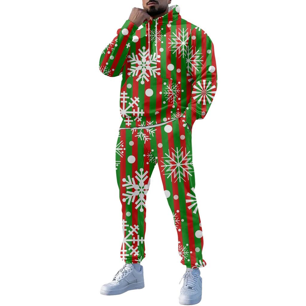 Masculino Inverno Natal Estampas Manga Longa Hoodies Moletom Calças Terno