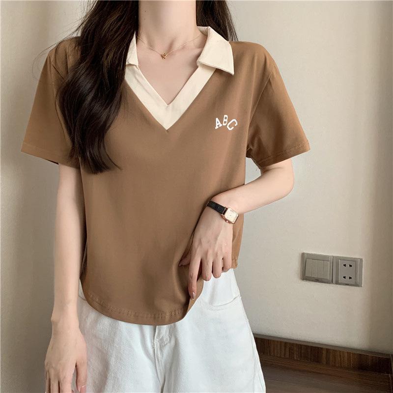

Women s Summer V-Neck Short-Sleeved Lapel Shirt with High-Elastic Prints XL хаки