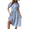 Summer Women's Dress Standing Collar Pleated Midi Skirt Short Sleeve Commuter Tie Dresses