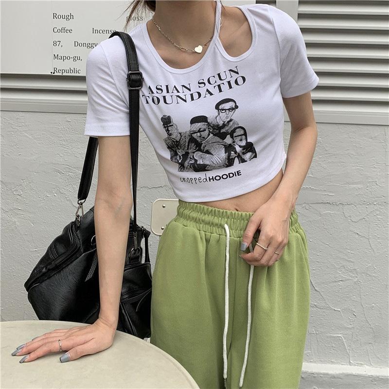 Print T Shirt Women Summer Short Sleeve Tee Fashion Hollow Out Tank Tops Casual Crop Top Female T-shirt