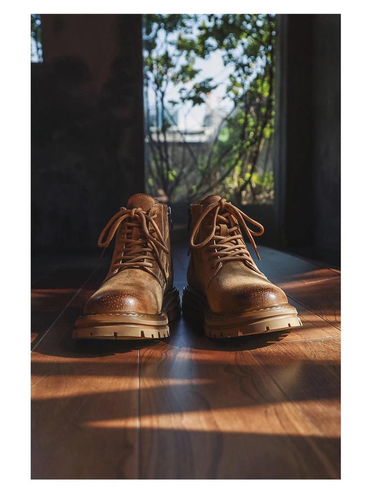 2024 Autumn Retro Martin Men's Leather Work Boots, British Style, Trendy All-Match Yellow 9025 Cotton.