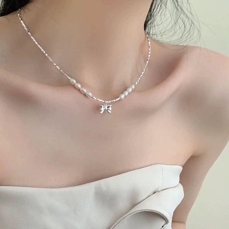 Imitation pearl broken silver bow necklace temperament light luxury high sense versatile lady natural pearl collarbone chain