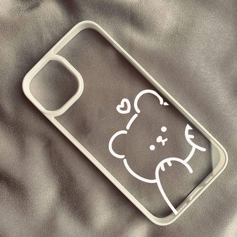 Cartoon Minimalist Bear Phone Case For iPhone 16 15 14 Pro MAX 12 13 12 XS SE2 XR 7 8Plus Cute Line Animal Hard Clear Cover Capa