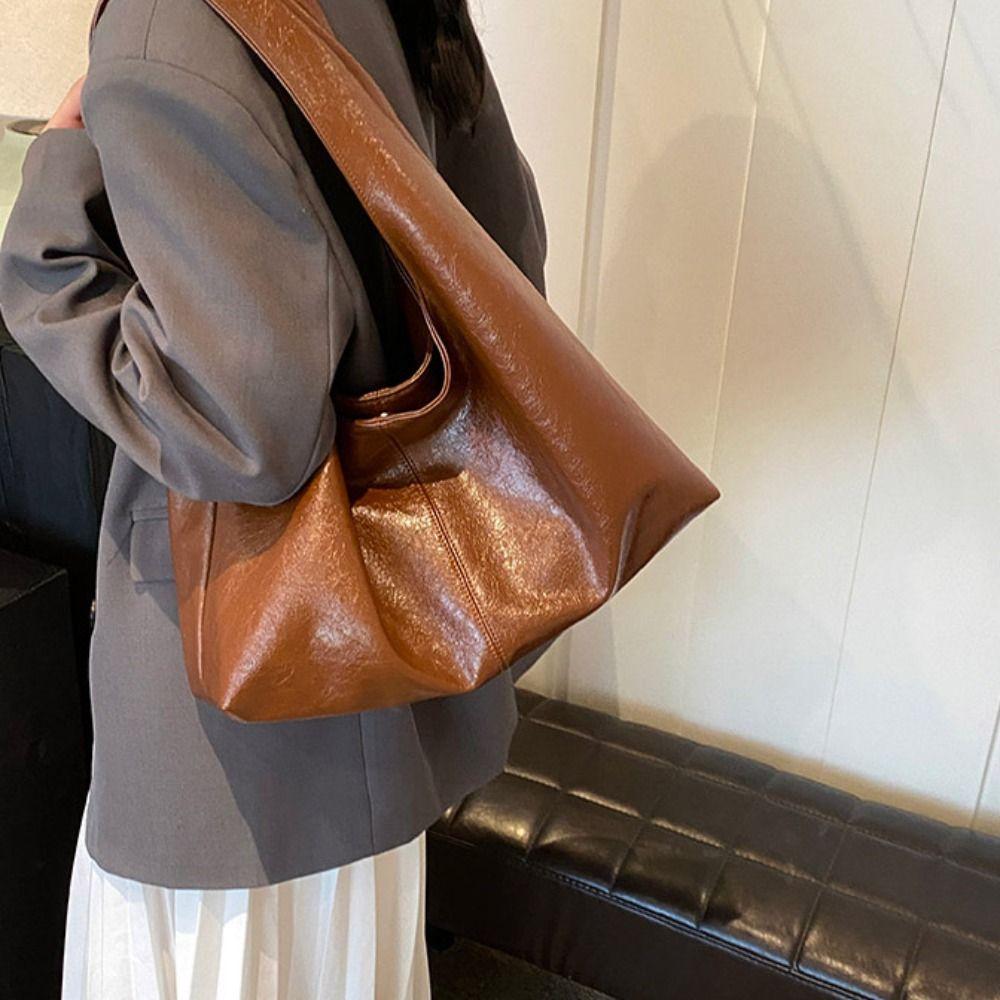 Solid Color Retro PU Tote Bag Tote Bag Underarm Packs Sweet Large Capacity Handbag  Office Worker