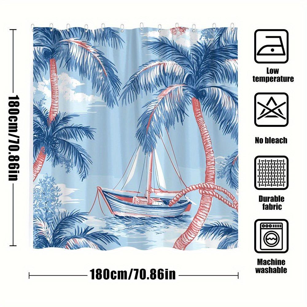 1pc Vintage Nautical Sailboat & Palm Tree Shower Curtain - Tropical Coastal Design with Blue Sky, Fluffy Clouds & Calm Waters,