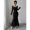 Elegant Sexy Long Sleeved Fishtail Dress Tight Fit Spring Pleated Square Collar Solid Color Party Maxi Long Dresses Evening Spring Bodycon Dress