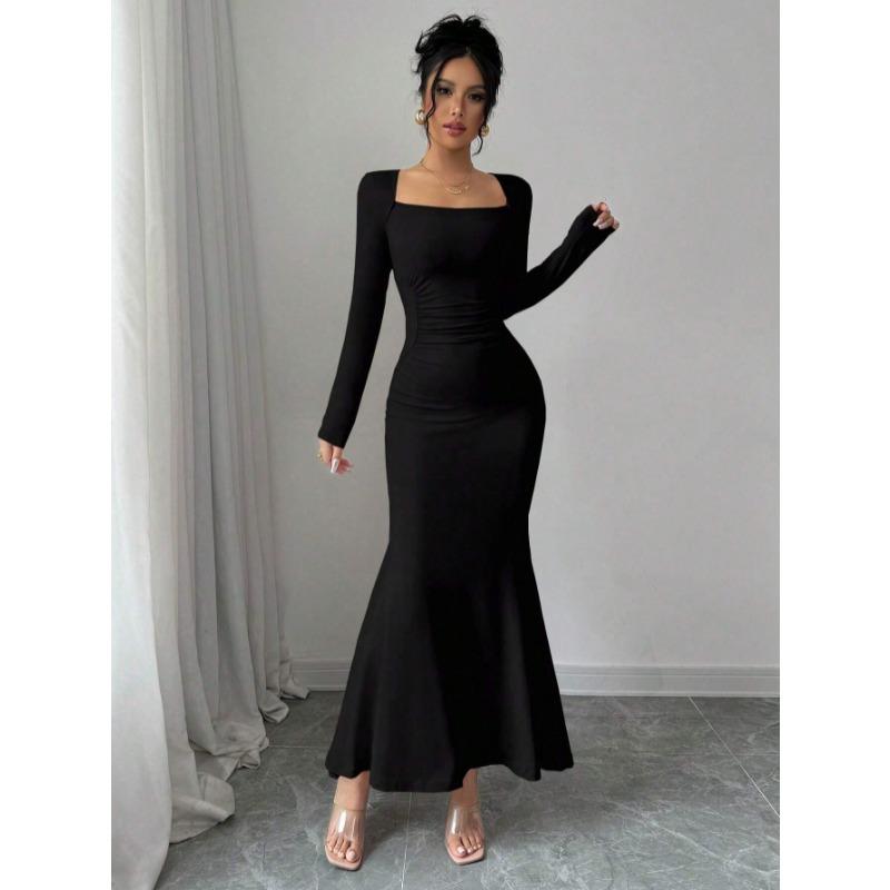 Elegant Sexy Long Sleeved Fishtail Dress Tight Fit Spring Pleated Square Collar Solid Color Party Maxi Long Dresses Evening Spring Bodycon Dress