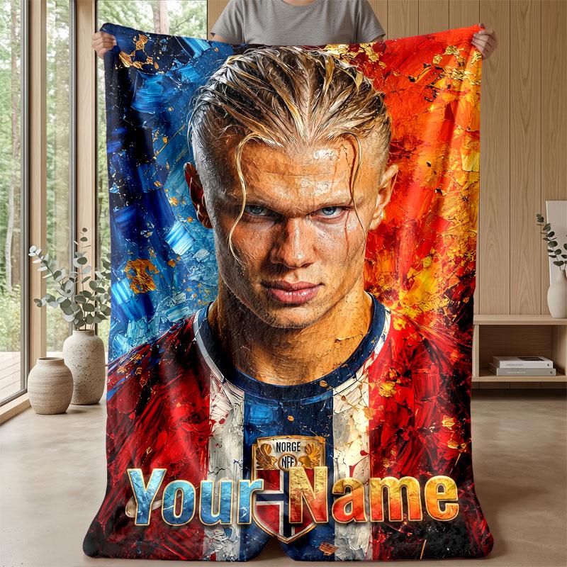 Erling Haaland Custom Name Text Flannel Blanket Soccer Logo Personalized Fleece Throw Blanket Special Gift For Sofa Bedroom Home