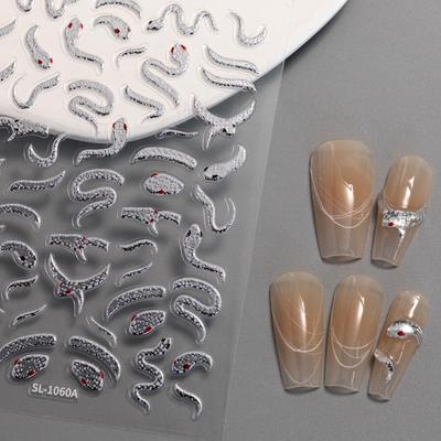 5D Embossed Golden Snake Nail Stickers - Shiny Aurora Silver, Spicy Girl Style